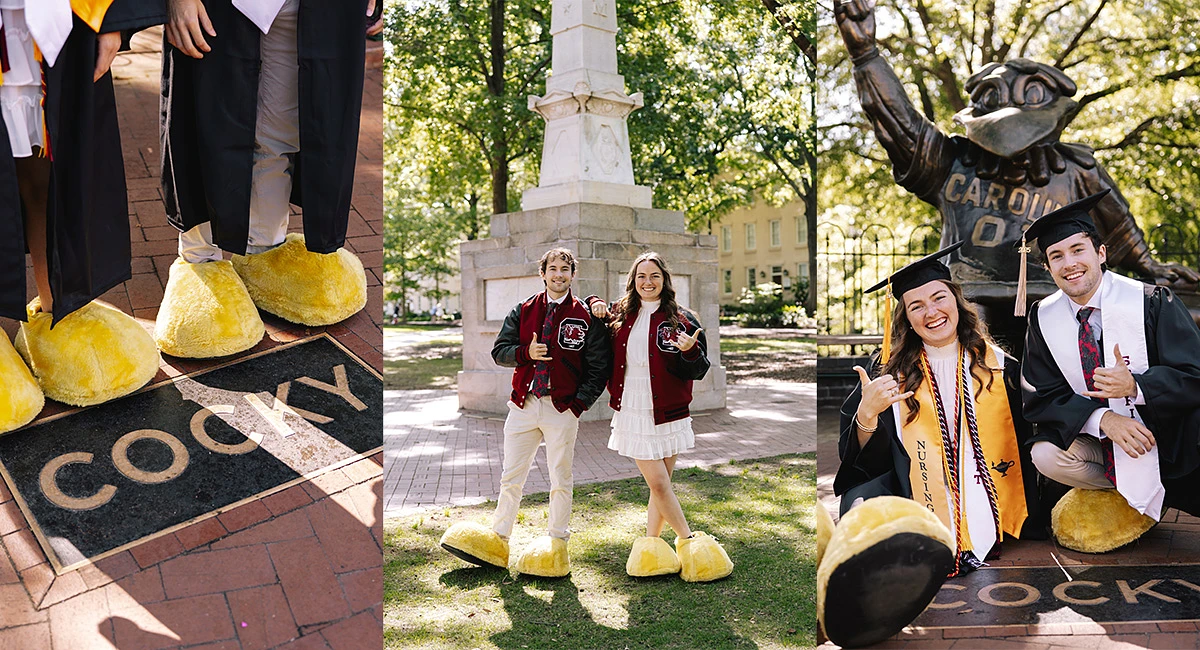 Students in graduation attire and varsity jackets pose with oversized yellow feet at outdoor campus locations.
